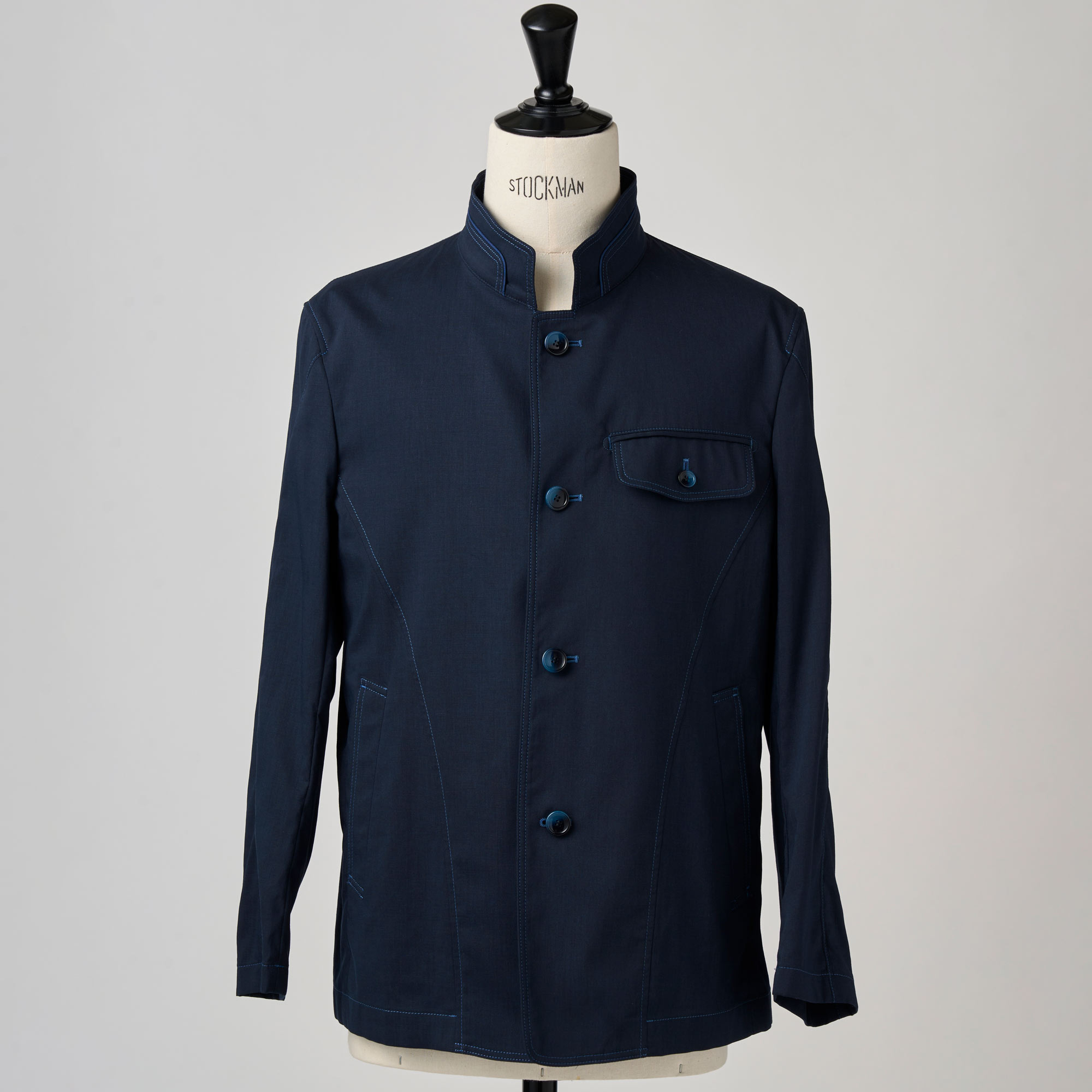 ネイビーポリエステルリネン スタンドカラージャケット